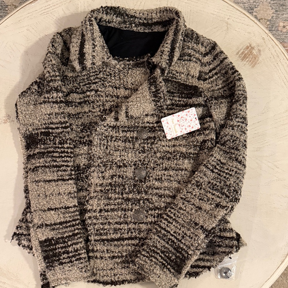 Free People Zebra Yarn Fuzzy Knit Black and Gray Textured Jacket Small NWT $168